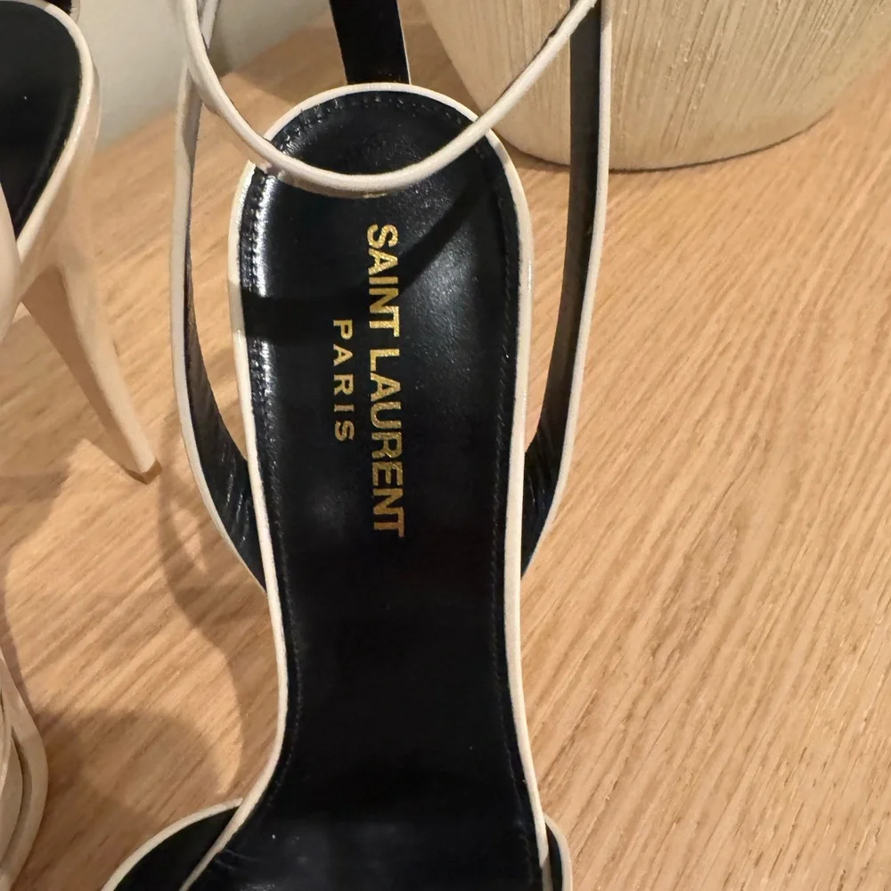 Saint Laurent Cream Patent Leather Platform Heels with Ankle Strap - Picture 2 of 16